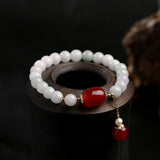 Clean vibrant fresh and fun elegance White Jade Beads, Red Agate or Yellow Agate with a natural white pearl detail trimmed in 14k gold Stunning must have 5mm, stretch for a perfect fit Prepare for compliments!