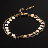 Shimmering gold layered anklet Clean, crisp, and beautiful Minimalist lovers dream with a fresh splash of sparkle Approx. 8.5 to 9” for deluxe ankle comfort Beautifully crafted Often called Sexy Barefoot Sandals or Beach Sandals Prepare for compliments!