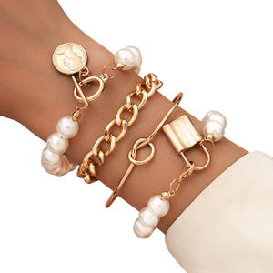 •	Trendy, fun, 4pc set layered look •	Gold tone simulated pearl, superior quality, durable, and gorgeous •	Each bracelet is light weight and 7 inches with a beautiful lobster claw clasp •	Layer all 4pcs together or wear individually •	Perfect for parties, work, or date night •	Prepare for compliments!