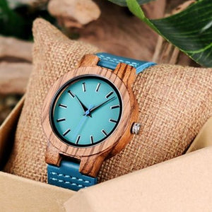 Prepare for compliments sporting this uniquely blue colored leather band w/ Gorgeous Wood Face Trim Shop TomLew Watch Collection Now